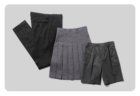 Durable school uniform trousers, skirts and shorts 